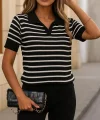 Kadın Kısa Kol Polo Yaka çizgi Desen Triko Bluz