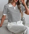 Kadın Kısa Kol Polo Yaka çizgi Desen Triko Bluz
