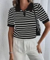 Kadın Kısa Kol Polo Yaka çizgi Desen Triko Bluz