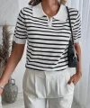 Kadın Kısa Kol Polo Yaka çizgi Desen Triko Bluz