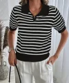 Kadın Kısa Kol Polo Yaka çizgi Desen Triko Bluz