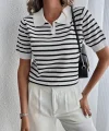 Kadın Kısa Kol Polo Yaka çizgi Desen Triko Bluz