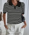 Kadın Kısa Kol Polo Yaka çizgi Desen Triko Bluz
