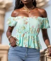 Kadın Kısa Kollu adonna Yaka çiçek Desenli Düğme Detay Gipeli üprem Kumaş Bluz