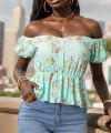 Kadın Kısa Kollu adonna Yaka çiçek Desenli Düğme Detay Gipeli üprem Kumaş Bluz