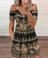 Kadın Kısa Kollu Aksesuar Askılı Fermuarlı Etnik Desen Mikro Elbise