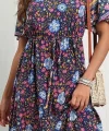 Kadın Kısa Kollu Beli Lastikli çiçek Desen Tam Boy Elbise