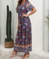Kadın Kısa Kollu Beli Lastikli çiçek Desen Tam Boy Elbise
