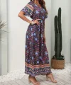 Kadın Kısa Kollu Beli Lastikli çiçek Desen Tam Boy Elbise