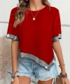 Kadın Kısa Kollu Bisiklet Yaka Asimetrik Kesim Detaylı Pul Payetli Krep Bluz