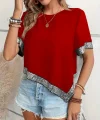 Kadın Kısa Kollu Bisiklet Yaka Asimetrik Kesim Detaylı Pul Payetli Krep Bluz