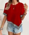 Kadın Kısa Kollu Bisiklet Yaka Asimetrik Kesim Detaylı Pul Payetli Krep Bluz