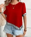 Kadın Kısa Kollu Bisiklet Yaka Asimetrik Kesim Detaylı Pul Payetli Krep Bluz