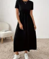 Kadın Kısa Kollu Bisiklet Yaka Belden Bağcıklı Cepli Viskon Elbise