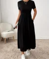 Kadın Kısa Kollu Bisiklet Yaka Belden Bağcıklı Cepli Viskon Elbise