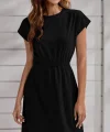 Kadın Kısa Kollu Bisiklet Yaka Belden Lastikli Midi Viskon Elbise