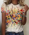 Kadın Kısa Kollu Bisiklet Yaka Boya Baskılı Süprem Bluz