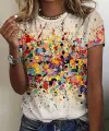 Kadın Kısa Kollu Bisiklet Yaka Boya Baskılı Süprem Bluz