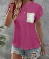 Kadın Kısa Kollu Bisiklet Yaka Cep Pul Payet Detay Viskon Bluz