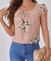 Kadın Kısa Kollu Bisiklet Yaka çiçek Baskılı Süprem Bluz