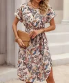 Kadın Kısa Kollu Bisiklet Yaka çiçek Desenli Kuşaklı Süprem Midi Elbise