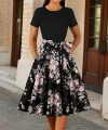 Kadın Kısa Kollu Bisiklet Yaka çiçek Desenli üst Viskon Alt Süprem Kısa Elbise