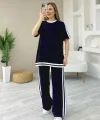 Kadın Kısa Kollu Bisiklet Yaka çift Renk şerit Detaylı Viskon Iki Iplik Bluz Ve Pantolon Ikili Takım