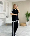 Kadın Kısa Kollu Bisiklet Yaka çift Renk şerit Detaylı Viskon Iki Iplik Bluz Ve Pantolon Ikili Takım