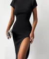 Kadın Kısa Kollu Bisiklet Yaka Derin Yırtmaçlı Kaşkorse Elbise