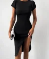 Kadın Kısa Kollu Bisiklet Yaka Derin Yırtmaçlı Kaşkorse Elbise