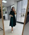 Kadın Kısa Kollu Bisiklet Yaka Fiyonk Broşlu Midi Janjan Krep Elbise