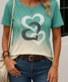 Kadın Kısa Kollu Bisiklet Yaka Kalp Baskılı Süprem Bluz