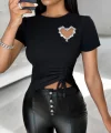Kadın Kısa Kollu Bisiklet Yaka Kalp Taş Detaylı Viskon Bluz