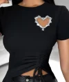 Kadın Kısa Kollu Bisiklet Yaka Kalp Taş Detaylı Viskon Bluz