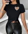 Kadın Kısa Kollu Bisiklet Yaka Kalp Taş Detaylı Viskon Bluz