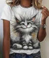 Kadın Kısa Kollu Bisiklet Yaka Kedi Baskılı Süprem Bluz