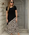 Kadın Kısa Kollu Bisiklet Yaka Leopar Detaylı Midi üst Viskon Alt Süprem Elbise