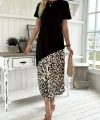 Kadın Kısa Kollu Bisiklet Yaka Leopar Detaylı Midi üst Viskon Alt Süprem Elbise