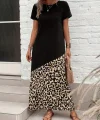 Kadın Kısa Kollu Bisiklet Yaka Leopar Detaylı Midi üst Viskon Alt Süprem Elbise