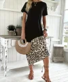 Kadın Kısa Kollu Bisiklet Yaka Leopar Detaylı Midi üst Viskon Alt Süprem Elbise