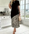 Kadın Kısa Kollu Bisiklet Yaka Leopar Detaylı Midi üst Viskon Alt Süprem Elbise