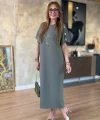 Kadın Kısa Kollu Bisiklet Yaka Omuzdan Düğmeli Uzun Viskon Iki Iplik Elbise