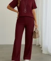 Kadın Kısa Kollu Bisiklet Yaka Omuzdan Düğmeli Viskon Iki Iplik Kısa Bluz Ve Pantolon Ikili Takım
