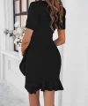 Kadın Kısa Kollu Bisiklet Yaka önden Fırfırlı Büzgülü Janjan Krep Kısa Elbise