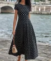 Kadın Kısa Kollu Bisiklet Yaka Puantiyeli Maksi örme Krep Elbise