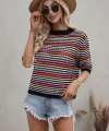 Kadın Kısa Kollu Bisiklet Yaka Renkli şerit Detaylı Triko Bluz