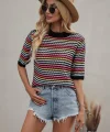Kadın Kısa Kollu Bisiklet Yaka Renkli şerit Detaylı Triko Bluz