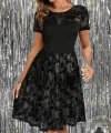 Kadın Kısa Kollu Bisiklet Yaka Tül Flok Baskı Detaylı Elbise