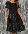 Kadın Kısa Kollu Bisiklet Yaka Tül Flok Baskı Detaylı Elbise
