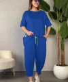 Kadın Kısa Kollu Bisiklet Yaka Viskon Iki Iplik Bluz Ve Pantolon Ikili Takım
